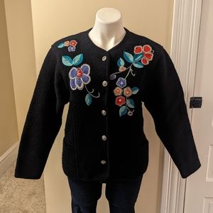 Vintage Dalton black wool sweater with colorful floral embroidery size S